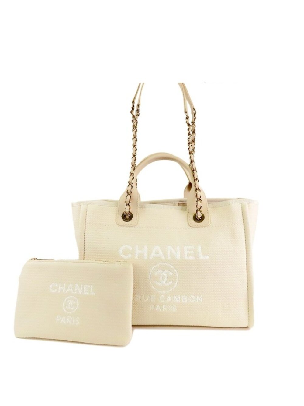 Chanel Deauville Small Ivory Gold Canvas Leather 2-Way Shoulder Bag